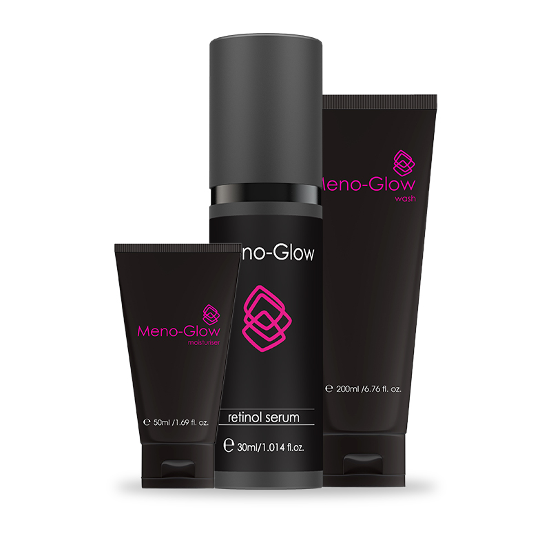 Premium face bundle by Meno-Glow: includes a specially formulated face wash, moisturiser, and retinol serum.